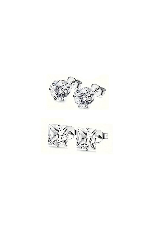 2pairs A 2-8 Pairs Punk Stainless Steel Earrings, Classic Round Square Stud Earrings For Men