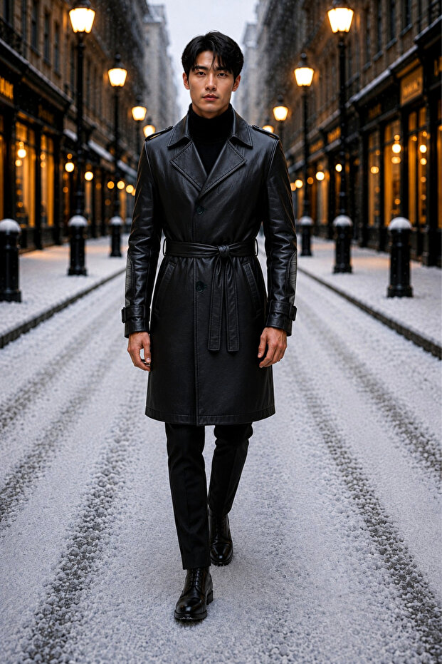 Patrick Genuine Leather Men's Belted Black Overcoat