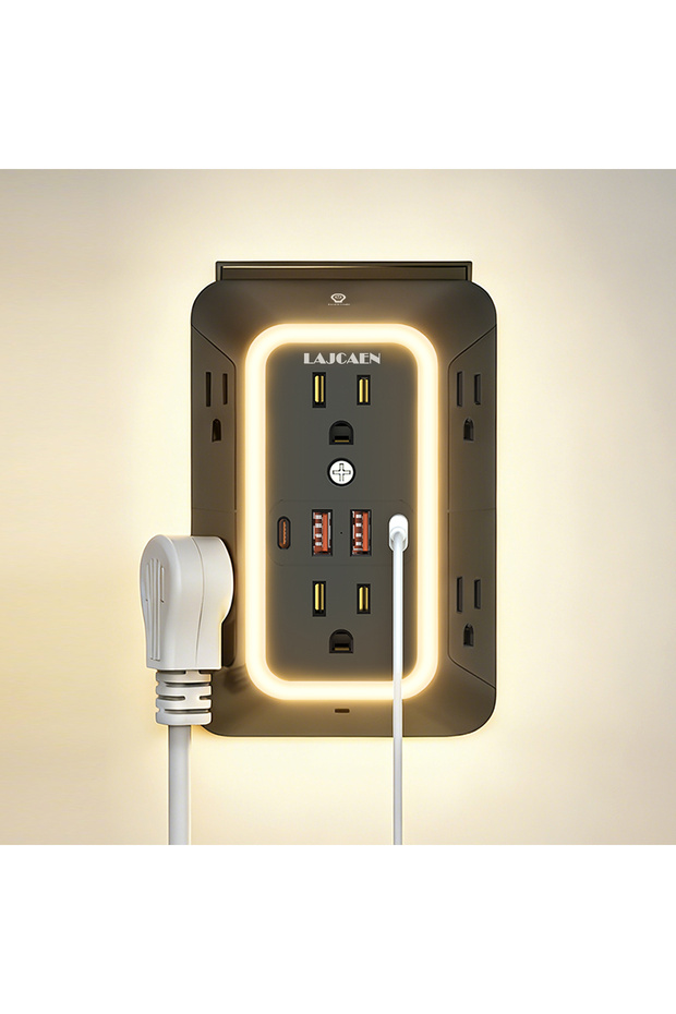 US Plug black US Plug Outlets Extender Surge Protector with Night Light,Wall Socket with 6 AC Outlet