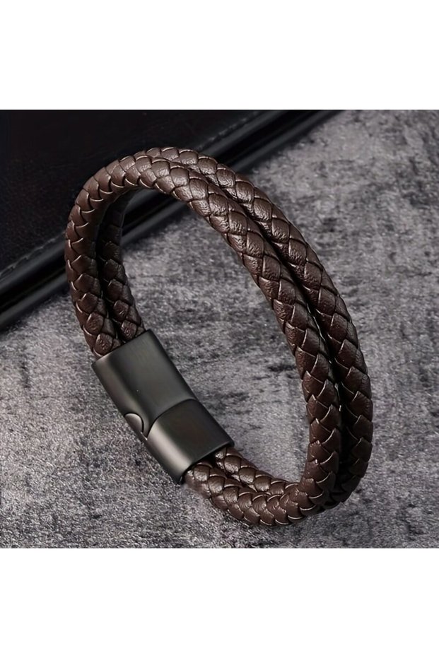 21cm Brown Trendy Leather Bracelets Men Stainless Steel Braided Rope Bracelets For Male Bracelets Je