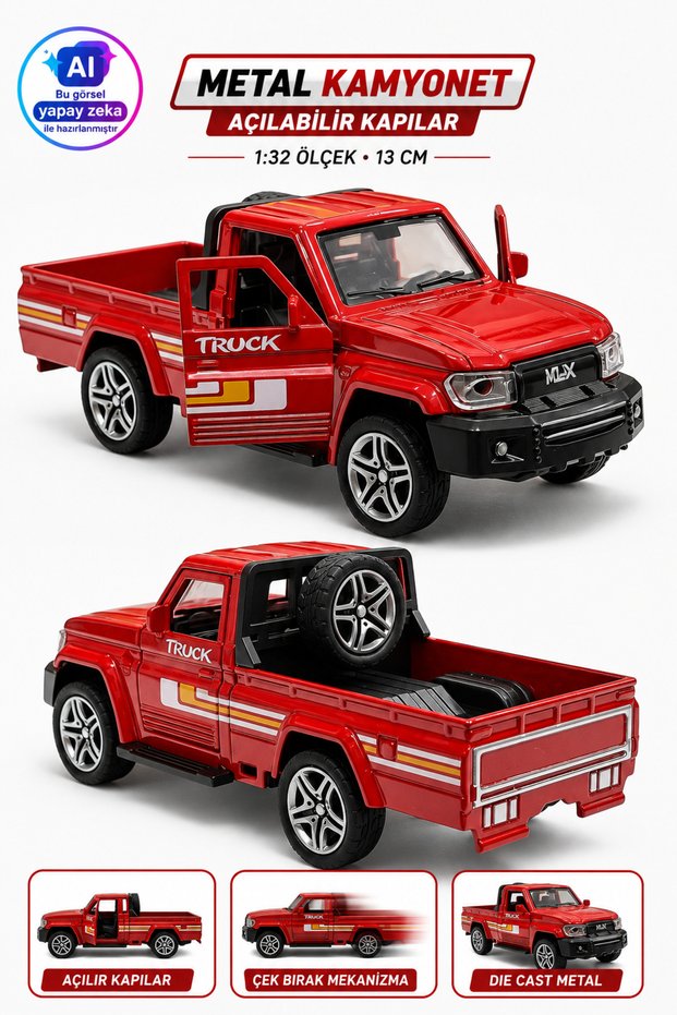 Pull Back Die-Cast 1:32 Pickup Truck Doors Openable Pull Back Pickup Truck 13 cm Openable Doors Metal Car