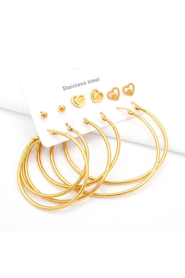 6 Pairs of Steel Hoop Earrings Set with Heart Detail