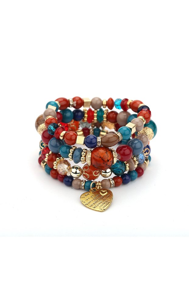 5 4Pcs Bohemia Acrylic Beaded Bracelet Set For Women Solid Heart Charm Elastic Chain Bangle Men Retr