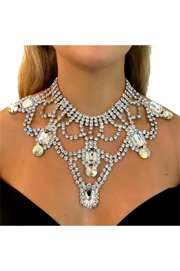White Exaggerated AB Crystal Pendant Large Necklace Women's Luxury Shiny Bridal Wedding Party Rhines
