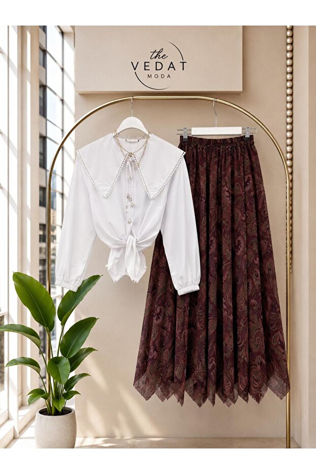 Women's Scallop Collar Shirt - Patterned Asymmetrical Cut Skirt Set -0640