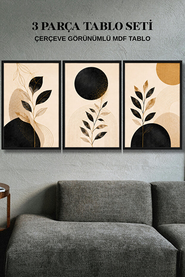 3-Piece Frame Look Black Gold Botanical Abstract Mdf Painting Set Living Room Bedroom Wall Decor