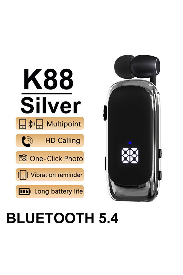 K88-Silver New K88 Lavalier Business Headset Bluetooth 5.4 Bass Earphone Call Vibration Reminder+Voi