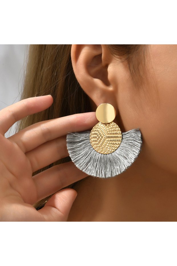 Grey Fashion Bohemian Big Tassel Dangle White Fringe Female Earrings Drop Earrings for Women Stateme