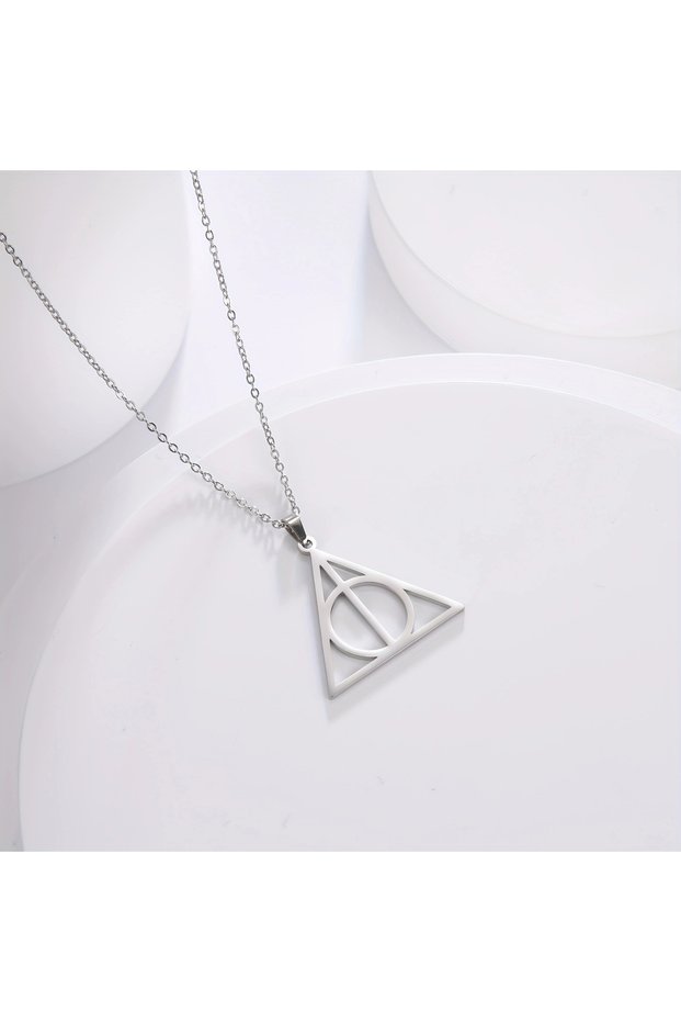 45-50cm Steel color Skyrim Stainless Steel Deathly Hallows Necklace Round Triangle Silver Color Pend