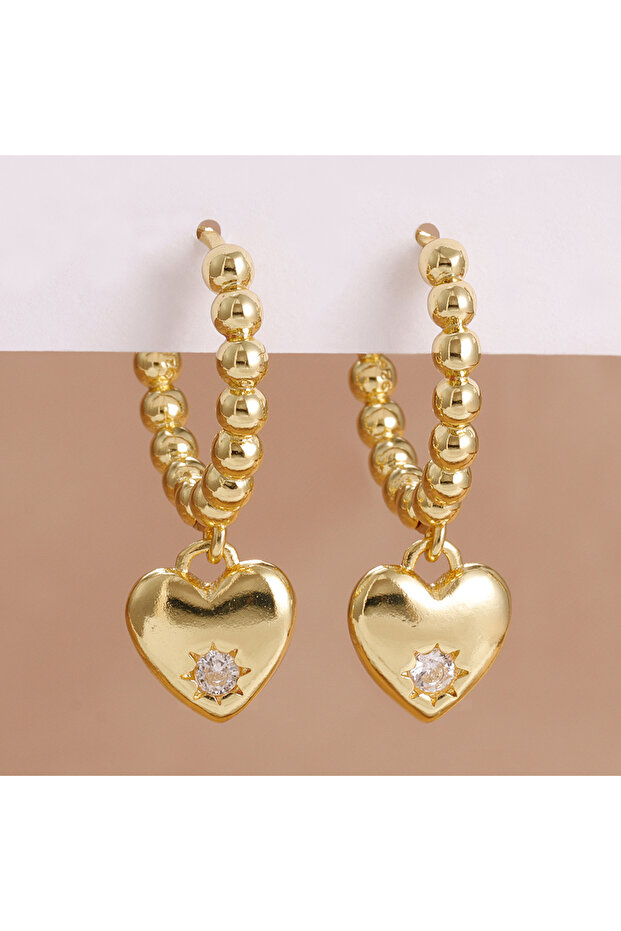 gold-white-2PCS 2PCS New Arrival Simple Zircon Round Bead Heart Pendant 14K Gold Dangle Earrings For