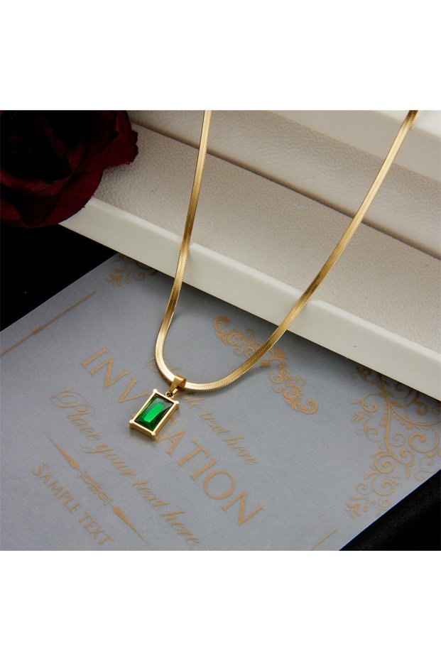 Necklace AKOL 316L Stainless Steel Rectangle Green Crystal Zircon Pendant Necklace Earrings For Wome