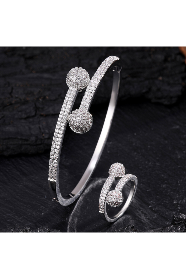 Silver Color 2Pcs ZAKOL Luxury Half Spherical Opening Ring Bracelet Zirconium Micro Inlaid Zircon Da