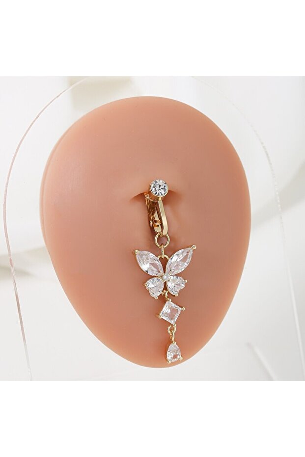 1 Clip On Belly Button Ring Butterfly Shape Copper Zircon Fake Belly Piercing Umbilical Navel Body .