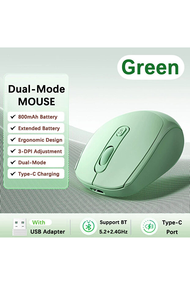 green Ergonomic Wireless Mouse, Bluetooth-compatible with 2.4GHz Dual Mode Computer Mouse, with USB