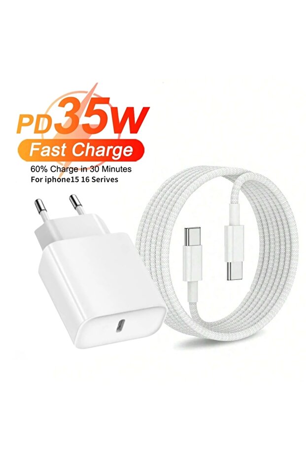 شاحن وكابل ومقبس EU بطول 1 متر شاحن حائط سريع PD 35W USB C لأجهزة iPhone 16 Plus 15 Pro Max Samsun
