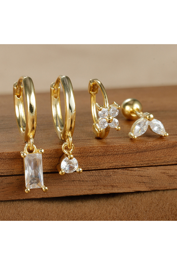 E1608-Gold-White 4PCS Stainless Steel Four Zircons Flower Pendant Hoop Earrings Set for Women Cartil