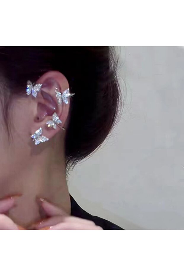 silver-left Korean Style Butterfly Ear Clips Without Piercing For Women Sparkling Zircon Ear Cuff Cl