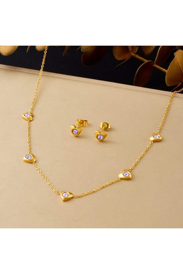 N3851 316L Stainless Steel Heart Zircon Golden Necklace Earrings Set For Women Girl Sweet Cool New F