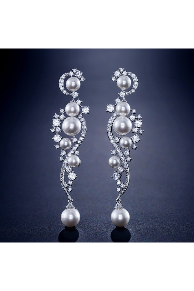 WHITE White A ZAKOL Luxury Shiny AAA Cubic Zirconia Hanging Earrings for Women Imitation Pearl Brida