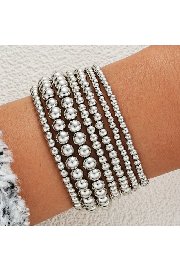 Steel color 7PCS Golden Bead Bracelet Set for Women Flexible Stretch Fit, Minimalist Beaded Bangles