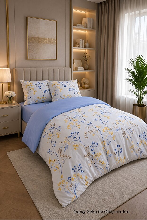 طقم غطاء لحاف مزدوج مقاس 150×200 مم بنمط أصفر-أزرق