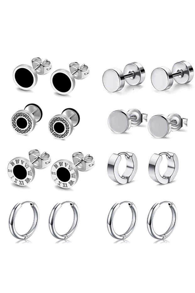 8 pairs Set B 8 Pairs of Stainless Steel Earrings Set, MEN'S Earrings, Personalized Dumbbell Black E