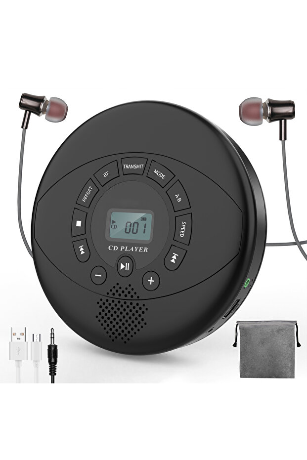 black portable cd player with bluetooth rechargeable discman with speaker and earbuds walkman cd wit