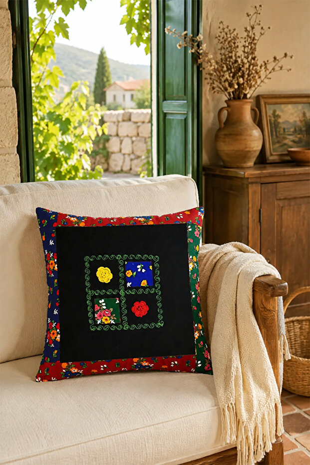 Wildflower Patterned Embroidered Patched Throw Pillow Cover
