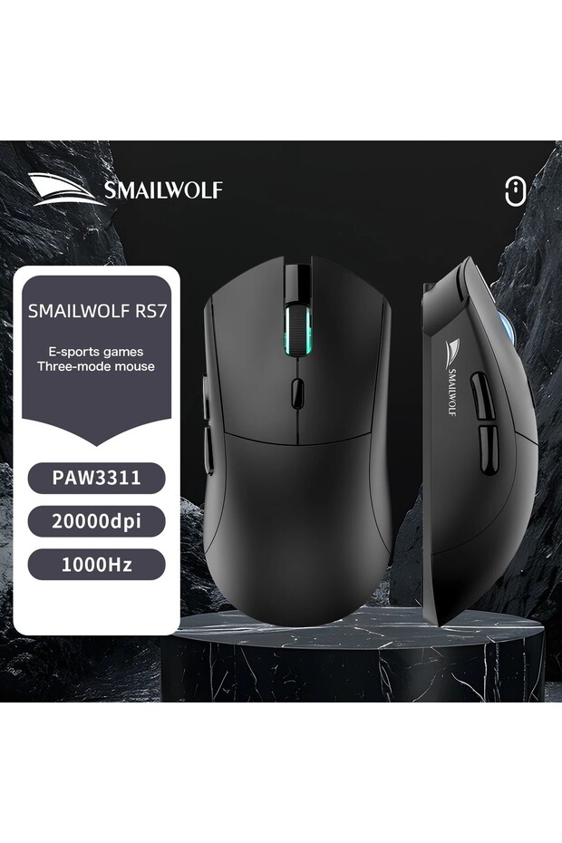 فأرة ألعاب لاسلكية سوداء من SMAILWOLF RS7 بتقنية البلوتوث، مستشعر PAW3311 بدقة 20000 نقطة في البوصة، مع وظائف ماكرو، تصميم مريح، قابلة لإعادة الشحن