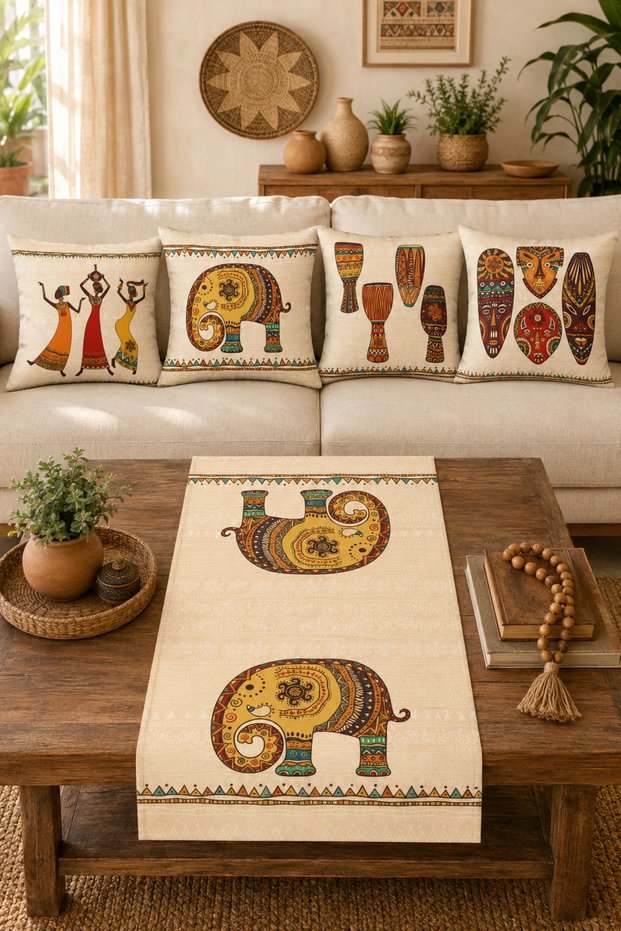 African Themed Elephant and Woman Patterned Orange Cream Digital Printed 4-Piece Throw Pillow Cover and Runner Set