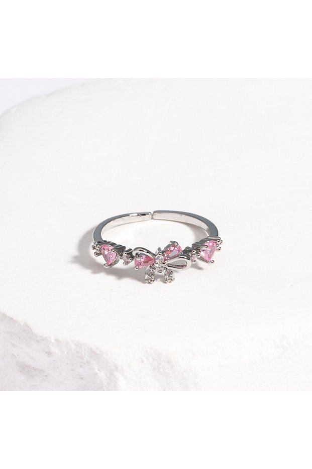 silver color New Fashion Bowknot Cute Pink Heart Zircon Knot Bow Opening Adjust Ring For Women Girls
