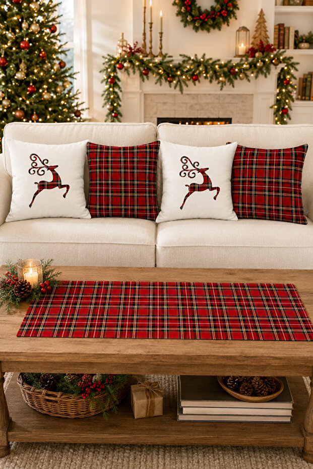 Red Plaid Cream Floor Deer Patterned Christmas Set 4-Piece Throw Pillow Cover and Runner Set