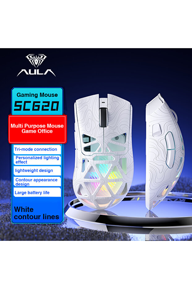 White SC620 Wireless Gaming Mouse, 3-Mode Connection 2.4GHz/USB-C/Bluetooth 5.3, 12000 DPI, Programm