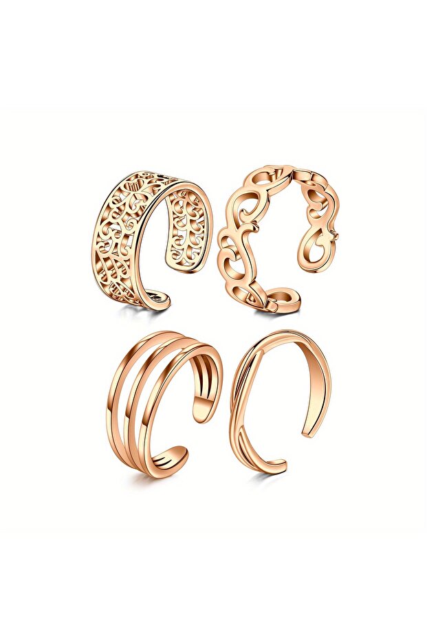 16 Set 4-Rose golden 4pcs Adjustable Toe Rings for Women Open Stainless Steel Toe Ring Set with Cubi