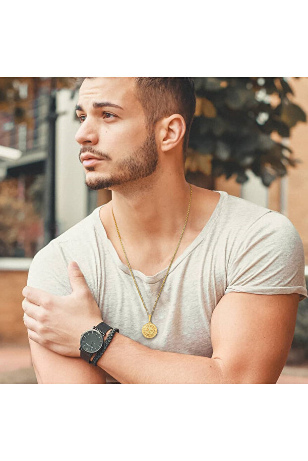 Gold Vnox Compass Necklaces for Men, Layering Stacked Cuban Figaro Chain Necklaces, Casual Sailing H