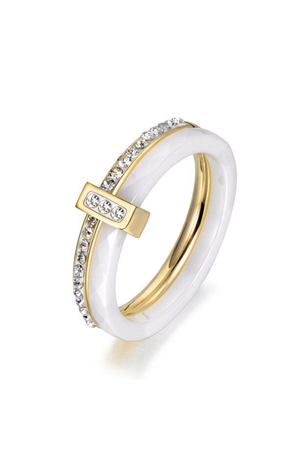 7 R18054G-White JeeMango 2 Layers Black/White Ceramic Crystal Wedding Rings Rose Gold Color Stainles