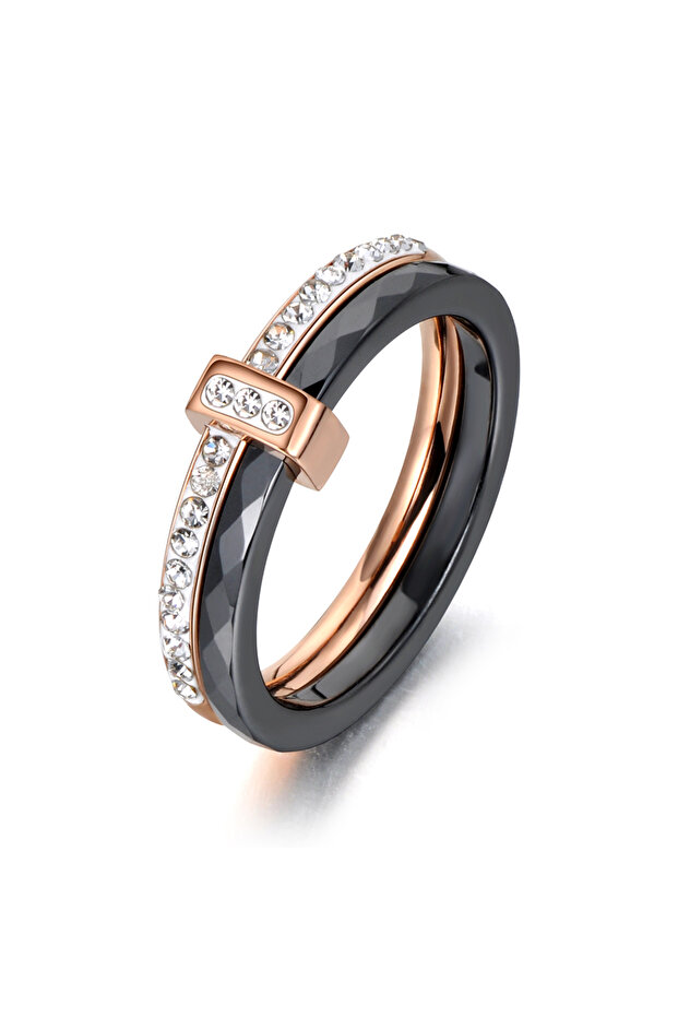 8 R18054R-Black JeeMango 2 Layers Black/White Ceramic Crystal Wedding Rings Rose Gold Color Stainles