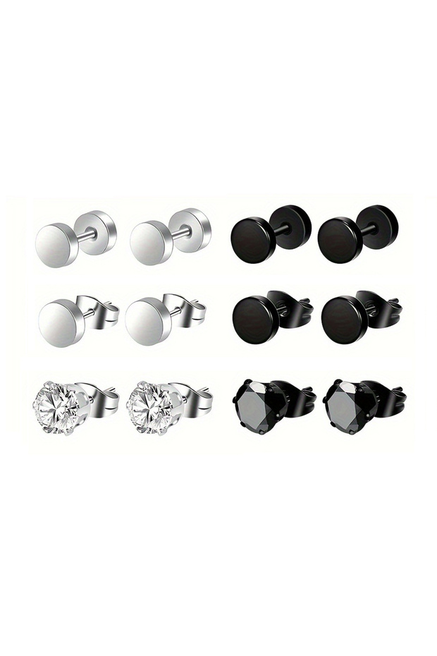 6 pair set A 28pcs Fashionable Minimalist Stainless Steel Earrings For Men For Daily Party Wear, Hol