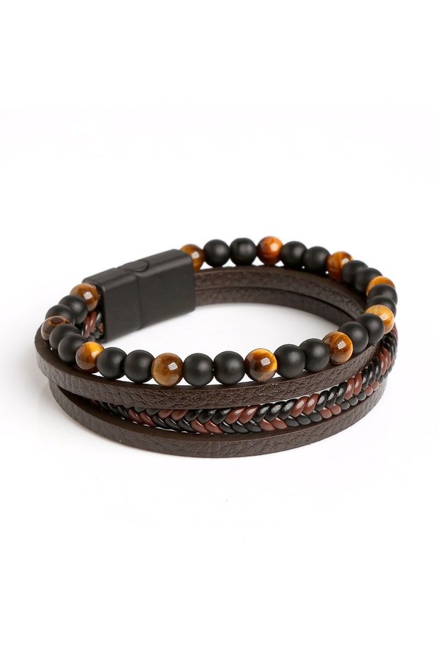 20cm Tiger Eye Men Leather Bracelet Classic Fashion Tiger Eye Beaded Multi Layer Leather Bracelet Fo