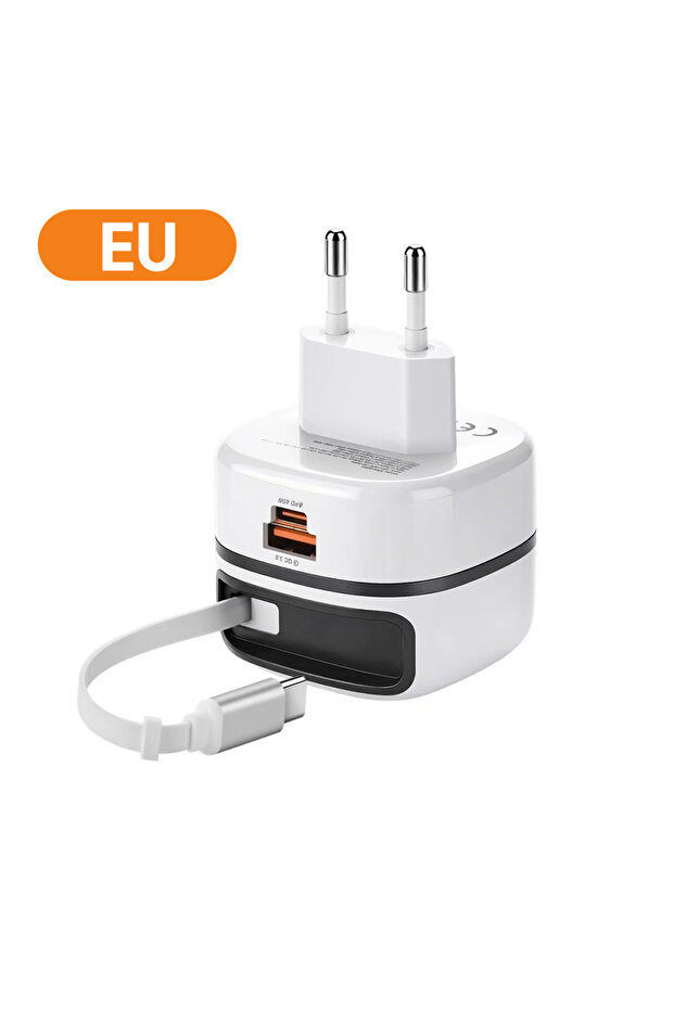 EU white 65W USB Type C Fast Charge Mobile Phone Charger With Retractable Type C Cable Super Charge