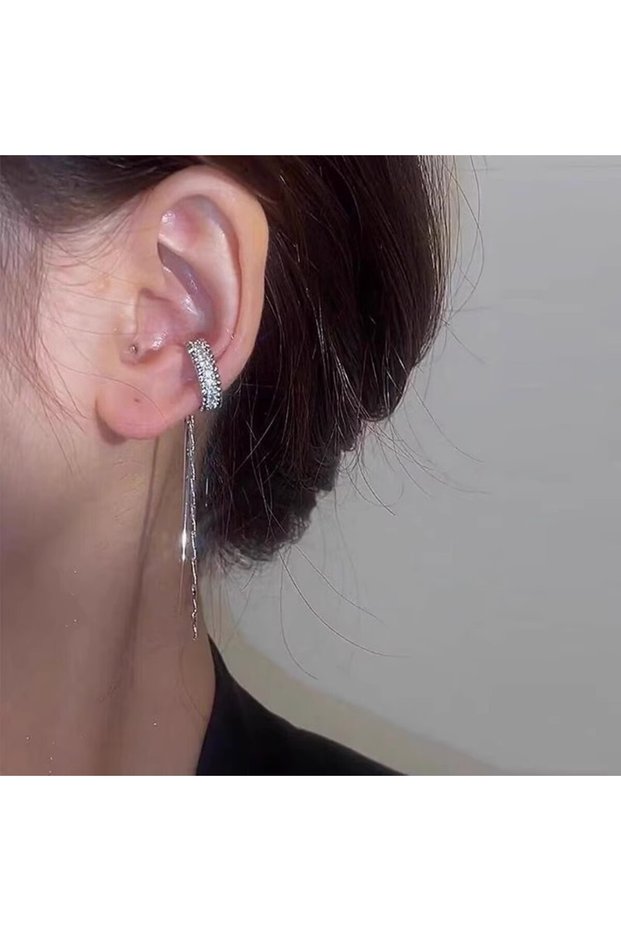 Left ear 1pcs ZAKOL Fashion Crystal Tassel Non-Piercing Cuff Ear Clip Earring For Women Shiny Rhines