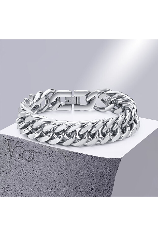 8MM Width 21.5cm Vnox 12/15MM Width Stainless Steel Cuban Chain Bracelets for Men, Silver Color Fash