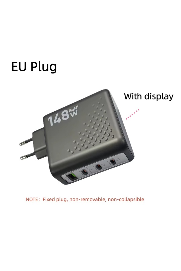 شاحن حائط متعدد المنافذ بتقنية GaN بقوة 148 واط مع شاشة عرض، 4 منافذ USB-C ومنفذ USB-A واحد، محول شحن سريع لأجهزة P