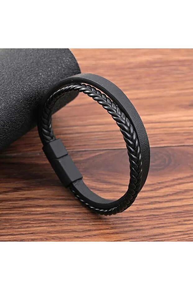 black Multi -Style PU Leather Two -Layer Magnetic Bracelet Men's Mature Business Give Men The Best G