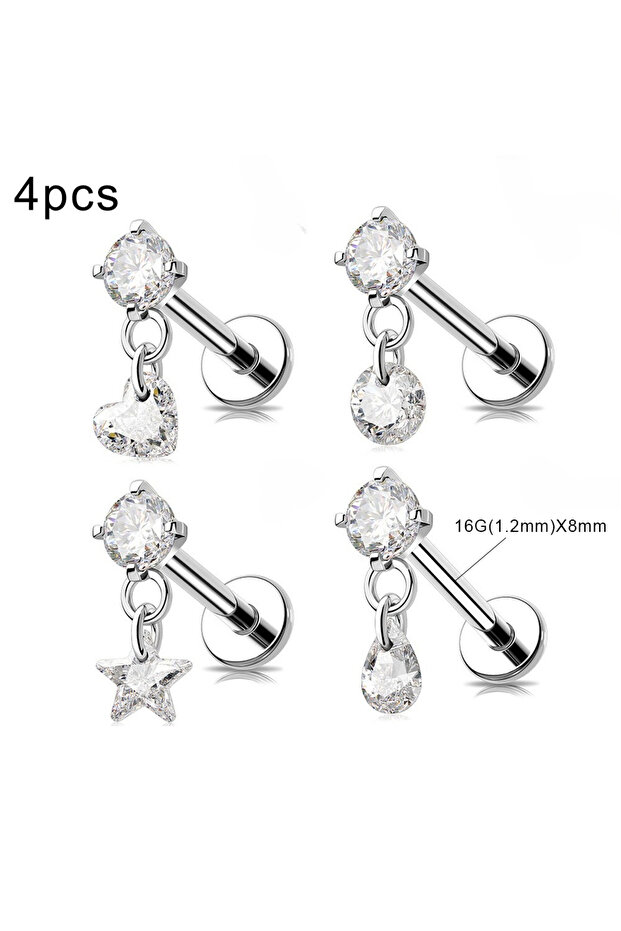16G(1.2mm)x8mm 4pcs 16G 18G Threaded Earrings Studs Labret Lip Studs Surgical Steel CZ Zircon Nose R