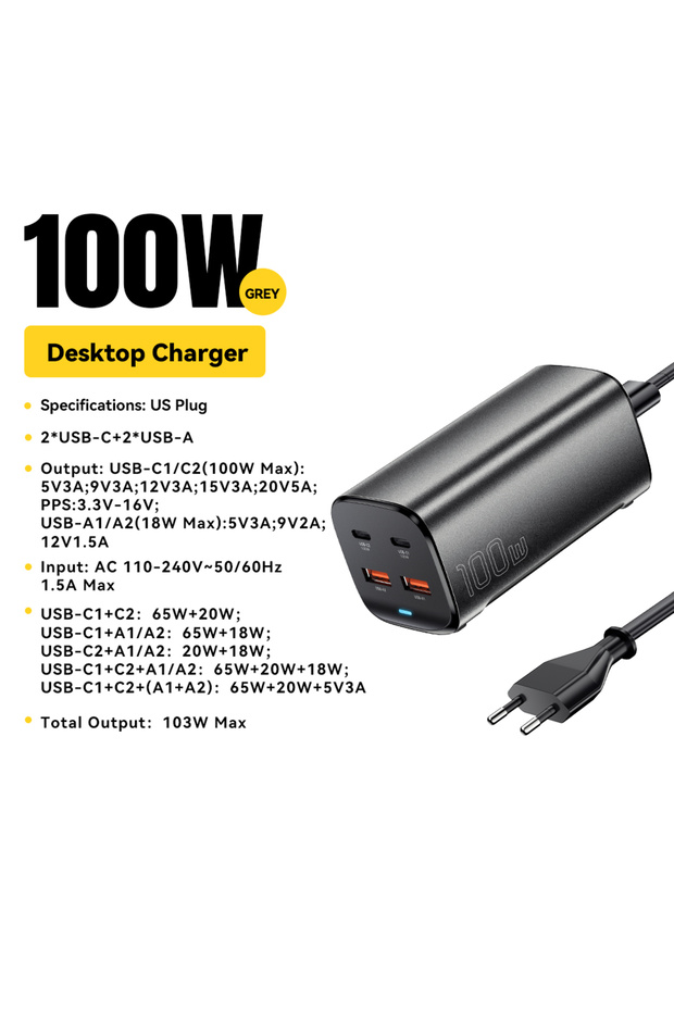 100W EU Plug Essager 100W GaN Charger Desktop Laptop Fast Charger 65W 4 in 1 Adapter For iPhone 15 1