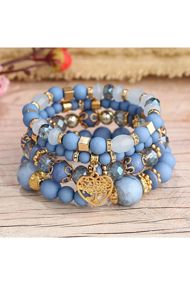 2 4Pcs Acrylic Beads Chain Bracelet Set For Women Tree Of Life Charm Elastic Bangle Female Bohemian.