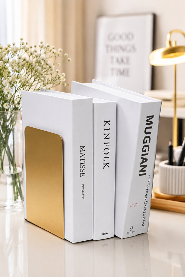 قطعتان من حامل الكتب المعدني المسطح من سلسلة MAT GOLD الخاصة، ملحقات ديكورية، حامل كتب، منظم رفوف الكتب المزخرفة لسطح المكتب، مسند كتب، مانع تسرب الكتب على طاولة الدراسة، مكتبة