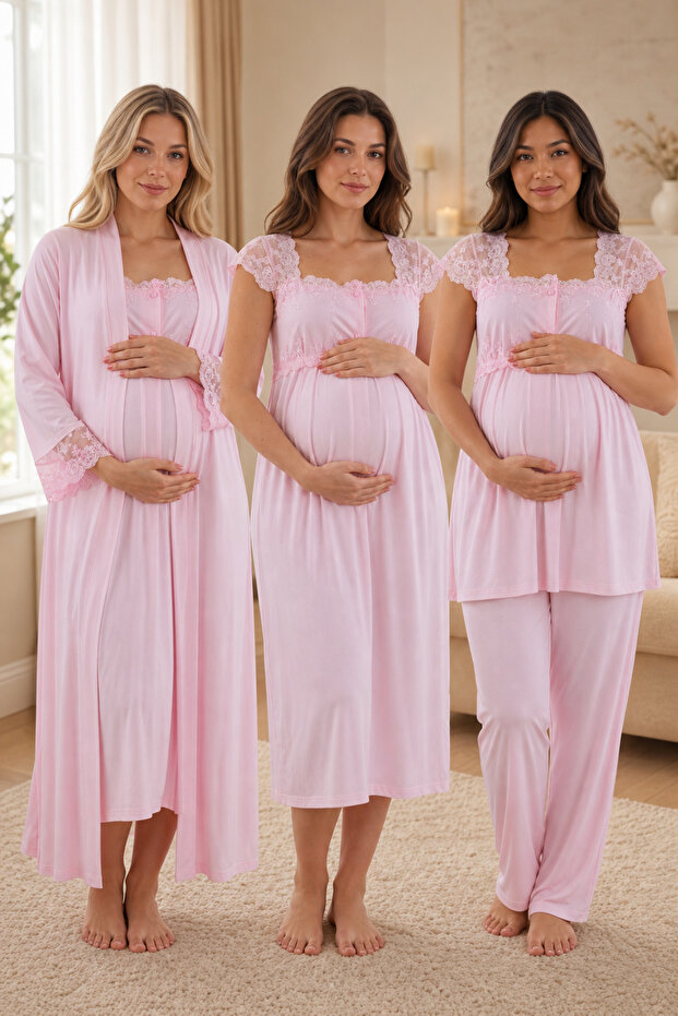 Lace Detailed Pregnancy and Postpartum Cotton Set 4 Pieces Effortt - Pink