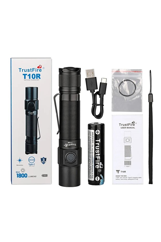 18650 Fixed focus black changeable Trustfire T10R Tactical Flashlight 1800Lumen Powerful Type C USB